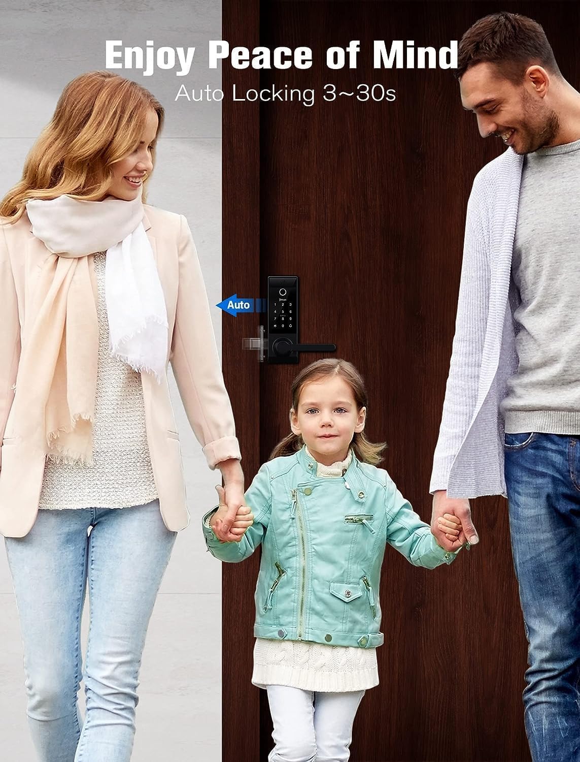 Contour Black - スマートロックドアベル指紋認証 WiFi ハンドル付き、アプリコントロール、覗き見防止、自動ロック、IP65、耐候性、フロントエントリードア用 3D 生体認証 ブラック