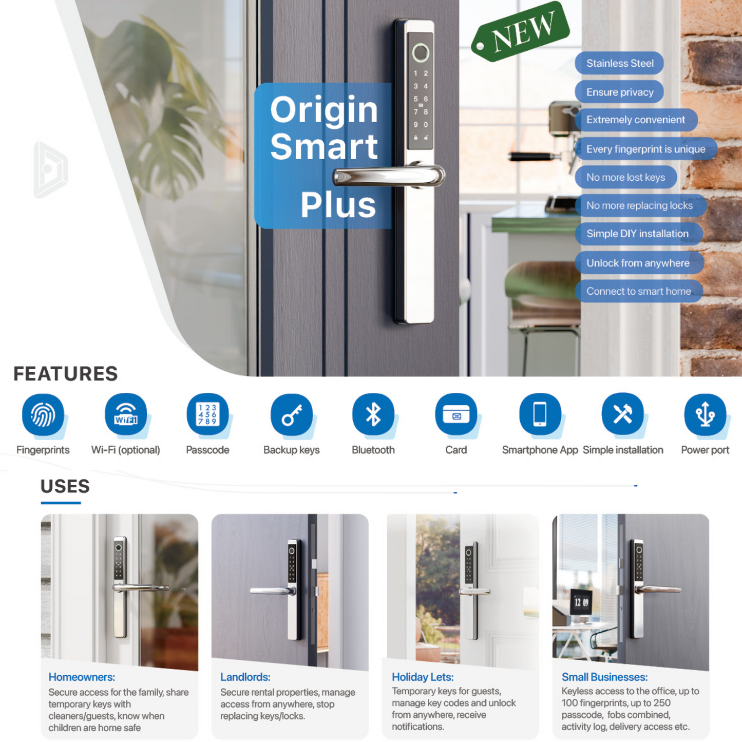 Origin Smart - Plus |  304 Stainless Steel Smart Door Handle with Fingerprint, App Control & Voice Assistant Integration