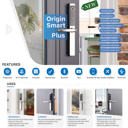 Origin Smart - Plus |  304 Stainless Steel Smart Door Handle with Fingerprint, App Control & Voice Assistant Integration