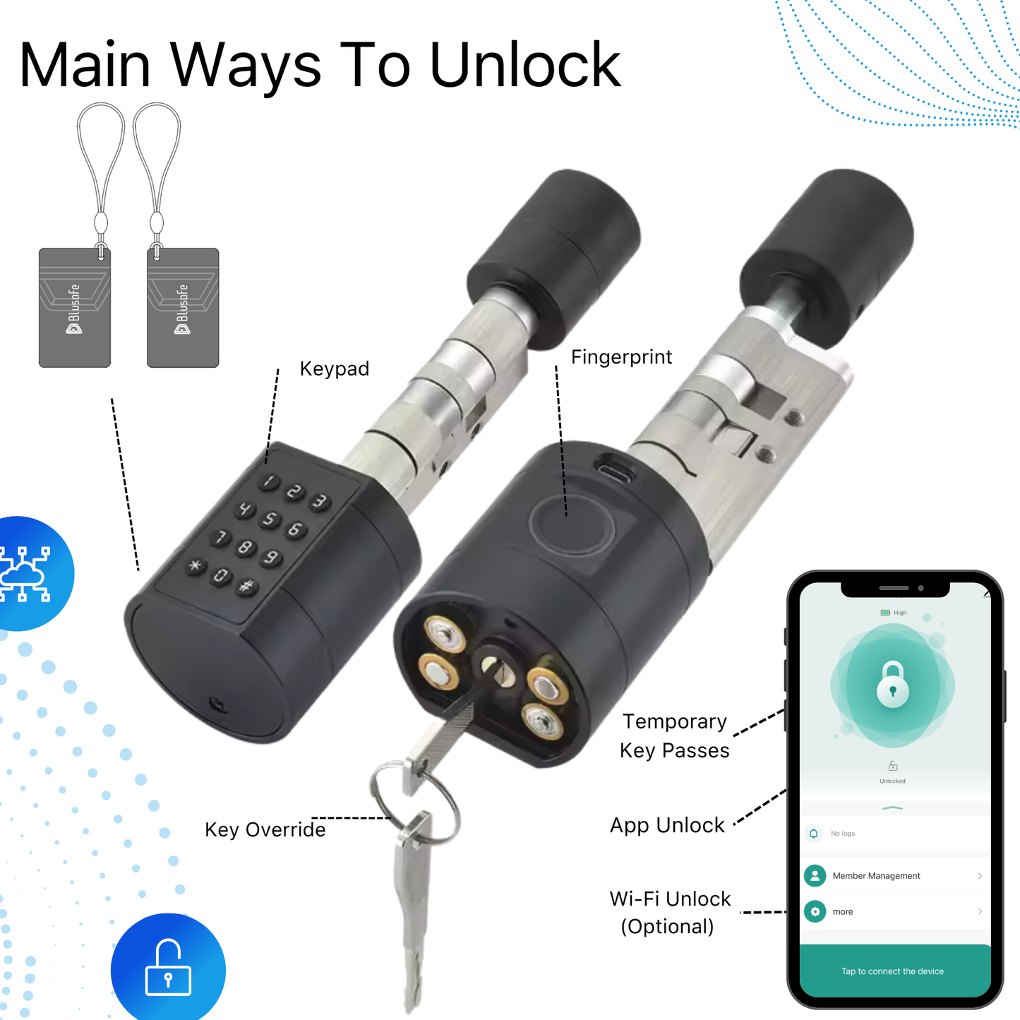Blusafe Axis Smart Euro Cylinder — TTLock App, Fingerprint + Keypad + RFID + Key