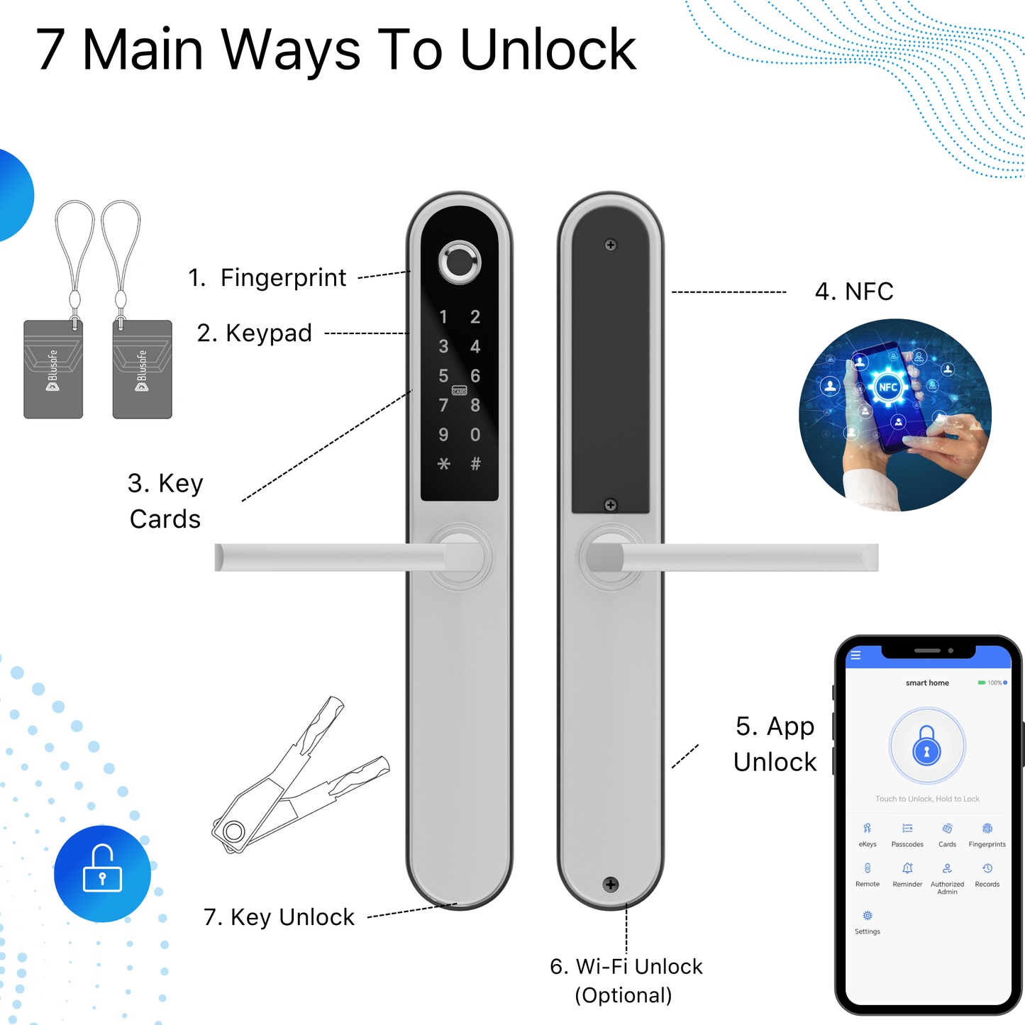 Blusafe Apollo Silver - Keyless Door Handle for Home Security, Finger Print, Key Card, Keypad, App Control, Remote Lock/Unlock