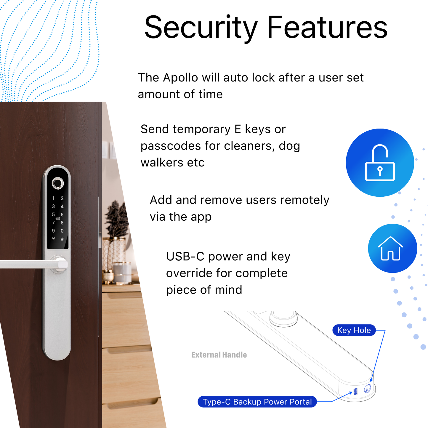 Blusafe Apollo Silver - Manija de puerta sin llave para seguridad del hogar, huella dactilar, tarjeta llave, teclado, control por aplicación, bloqueo/desbloqueo remoto