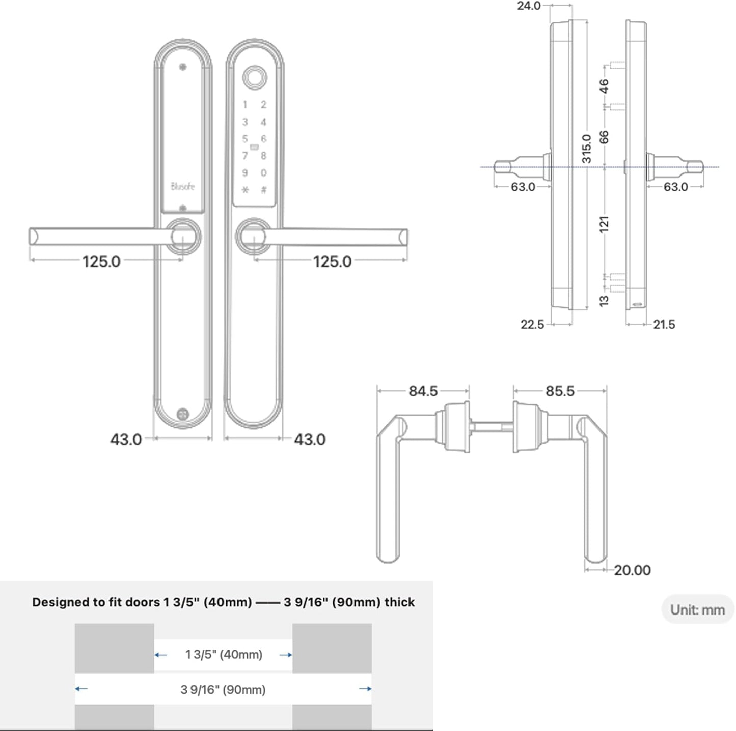 Blusafe Apollo Black - Manija de puerta sin llave para seguridad del hogar, huella dactilar, tarjeta llave, teclado, control por aplicación, bloqueo/desbloqueo remoto