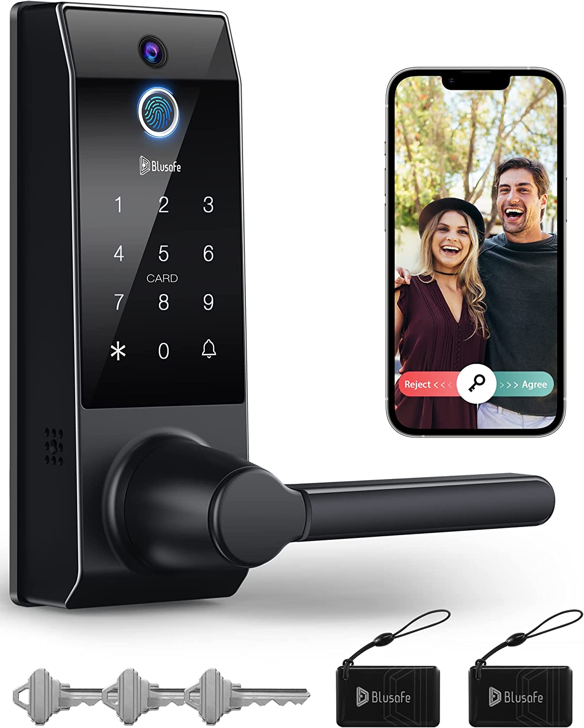 Blusafe Contour V Black - Smart Lock, Camera + Doorbell + Fingerprint Keyless Entry Door Lock, WiFi Door Lock with Handle, App Control, Anti - Peeping, Auto Lock, IP65 Weatherproof, 3D Biometric Fingerprint