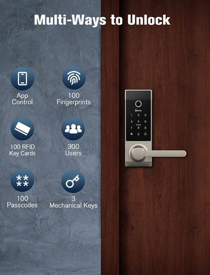 輪郭サテンニッケル - スマートロックドアベル指紋認証 WiFi ハンドル付き、アプリコントロール、覗き見防止、自動ロック、IP65、耐候性、フロントエントリードア用 3D 生体認証 サテンニッケル