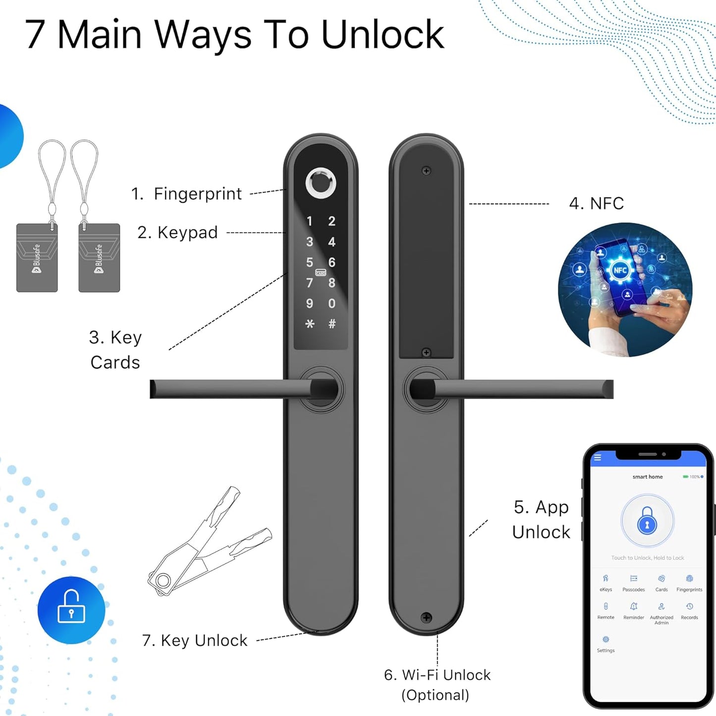 Blusafe Apollo Black - Manija de puerta sin llave para seguridad del hogar, huella dactilar, tarjeta llave, teclado, control por aplicación, bloqueo/desbloqueo remoto