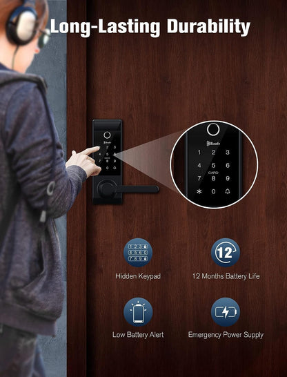 Contour Black - Smart Lock Doorbell -sormenjälki-WiFi kahvalla, sovelluksen ohjaus, kurkistuksen esto, automaattinen lukitus, IP65, säänkestävä, 3D-biometrinen etuoven mustalle