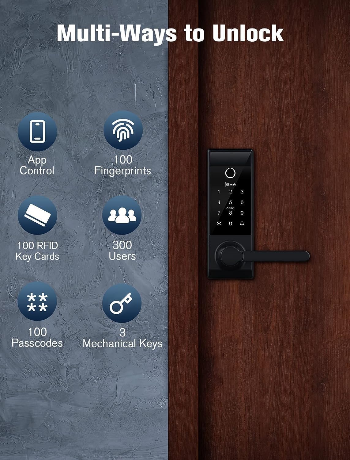 Contour Black - Smart Lock Doorbell -sormenjälki-WiFi kahvalla, sovelluksen ohjaus, kurkistuksen esto, automaattinen lukitus, IP65, säänkestävä, 3D-biometrinen etuoven mustalle