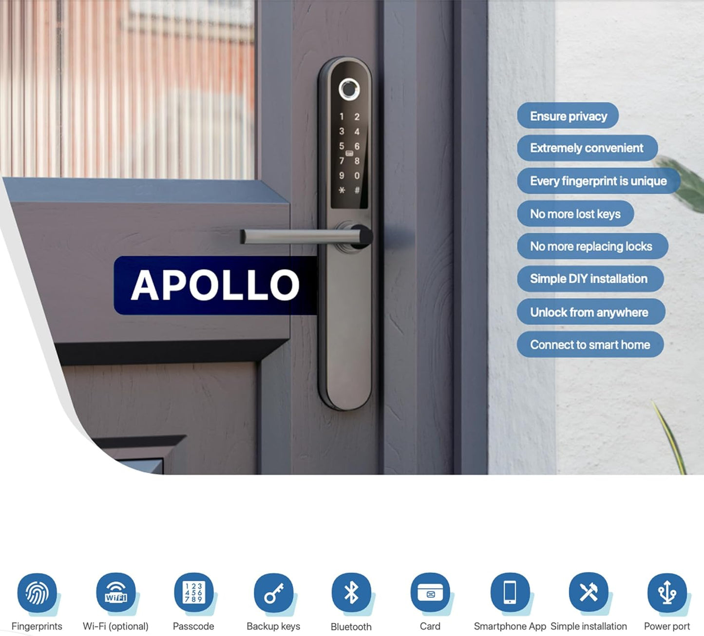 Blusafe Apollo Black - Manija de puerta sin llave para seguridad del hogar, huella dactilar, tarjeta llave, teclado, control por aplicación, bloqueo/desbloqueo remoto