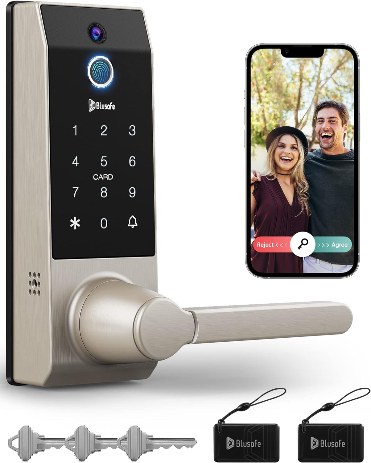 Blusafe Contour V Brushed Nickel - Smart Lock, Camera + Doorbell + Fingerprint Keyless Entry Door Lock, WiFi Door Lock with Handle, App Control, Anti - Peeping, Auto Lock, IP65 Weatherproof, 3D Biometric Fingerprint