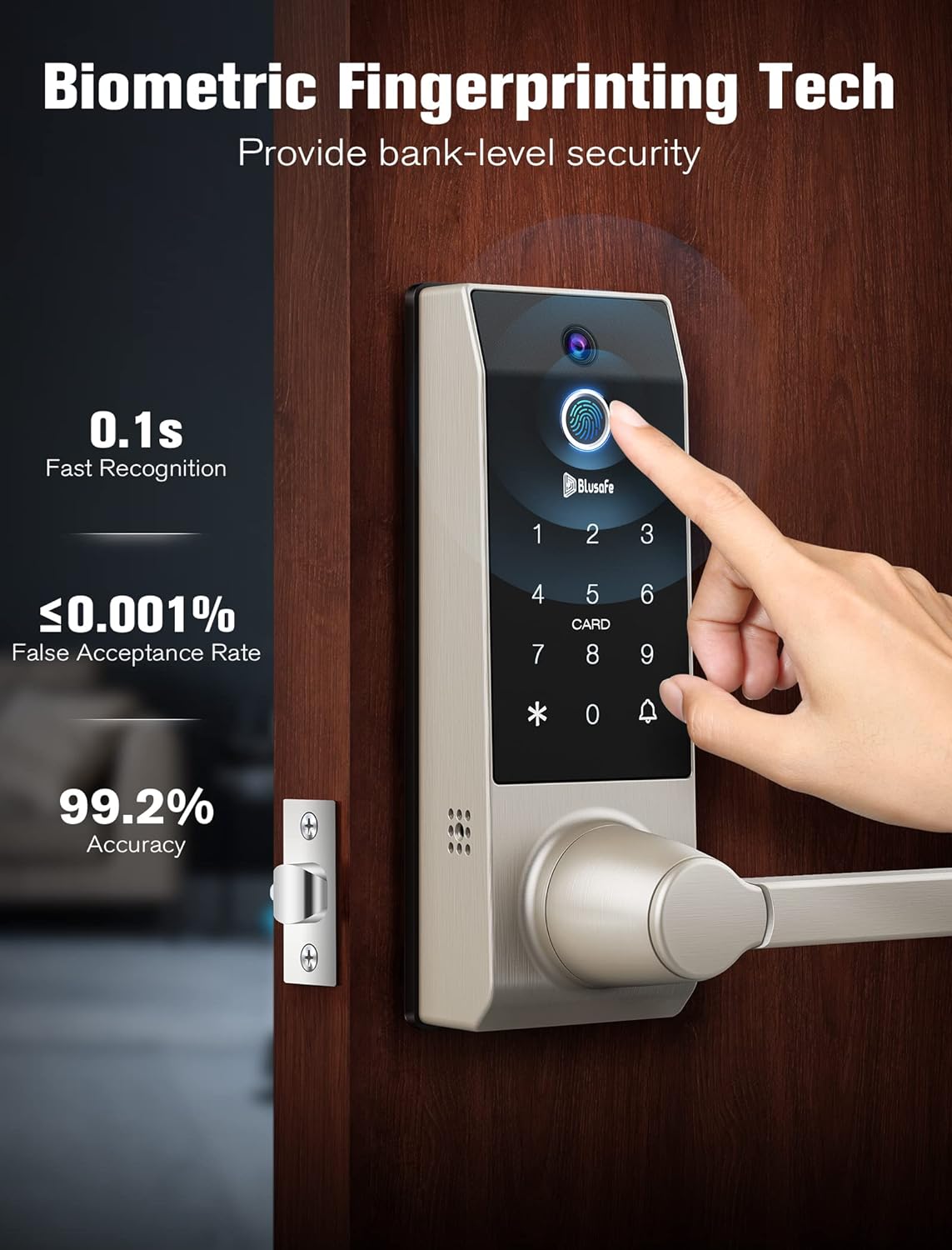 Blusafe Contour V Brushed Nickel - Smart Lock, Camera + Doorbell + Fingerprint Keyless Entry Door Lock, WiFi Door Lock with Handle, App Control, Anti - Peeping, Auto Lock, IP65 Weatherproof, 3D Biometric Fingerprint