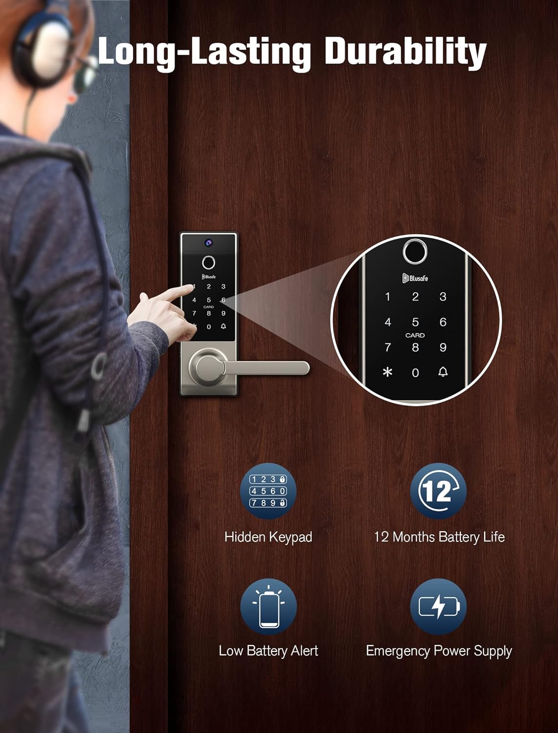 Blusafe Contour V Brushed Nickel - Smart Lock, Camera + Doorbell + Fingerprint Keyless Entry Door Lock, WiFi Door Lock with Handle, App Control, Anti - Peeping, Auto Lock, IP65 Weatherproof, 3D Biometric Fingerprint