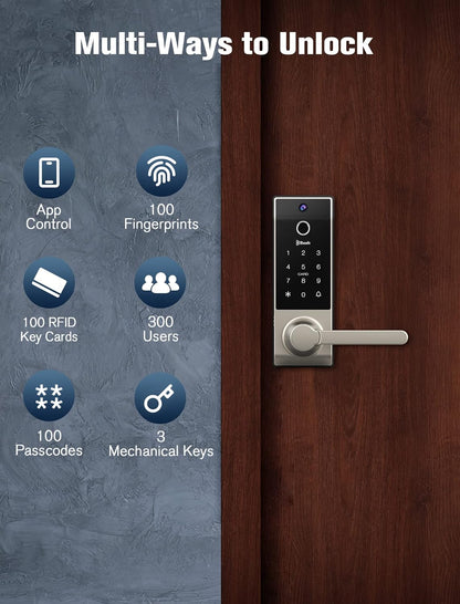 Blusafe Contour V Brushed Nickel - Smart Lock, Camera + Doorbell + Fingerprint Keyless Entry Door Lock, WiFi Door Lock with Handle, App Control, Anti - Peeping, Auto Lock, IP65 Weatherproof, 3D Biometric Fingerprint