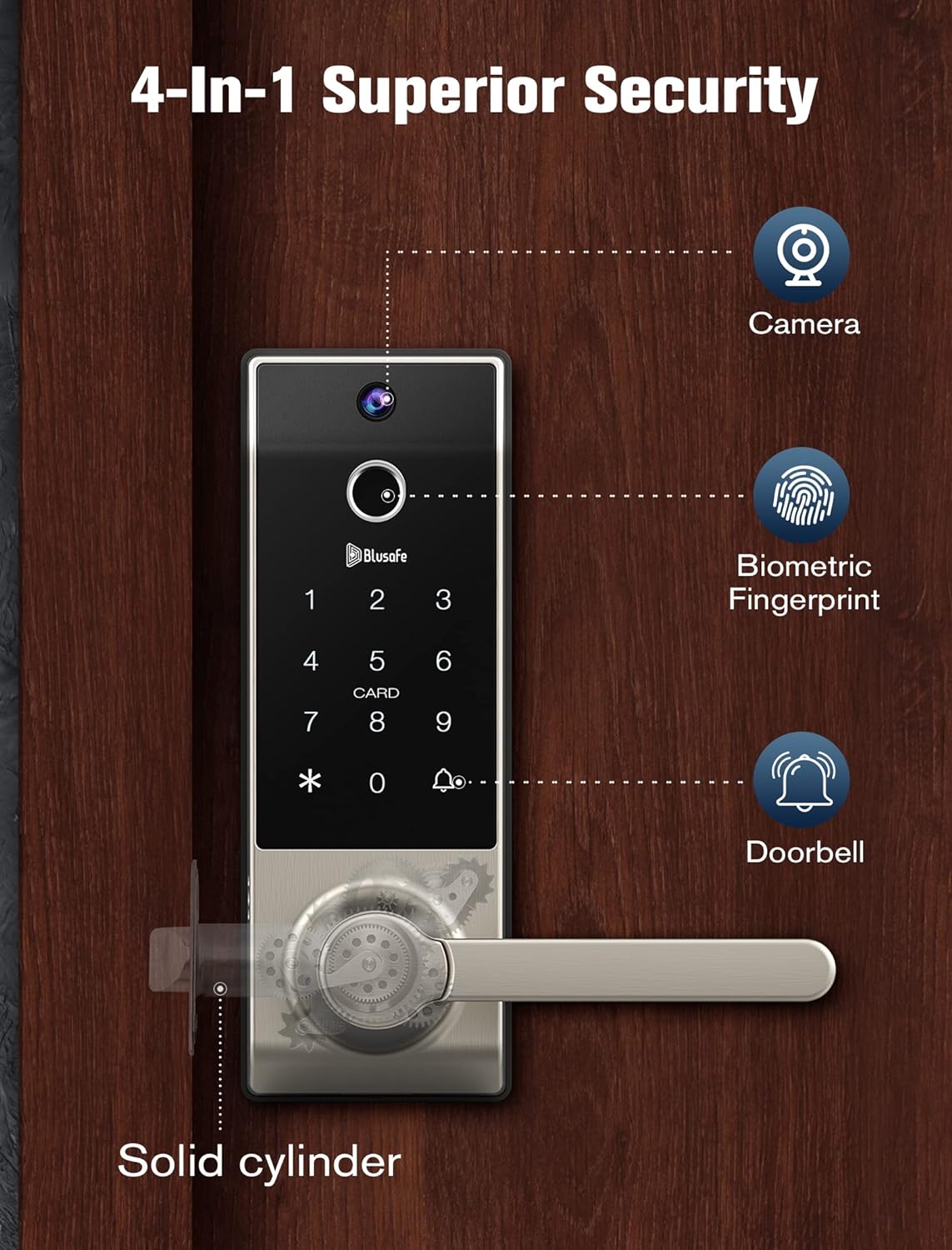 Blusafe Contour V Brushed Nickel - Smart Lock, Camera + Doorbell + Fingerprint Keyless Entry Door Lock, WiFi Door Lock with Handle, App Control, Anti - Peeping, Auto Lock, IP65 Weatherproof, 3D Biometric Fingerprint