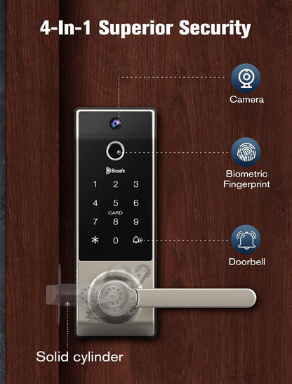 Blusafe Contour V Brushed Nickel - Smart Lock, Camera + Doorbell + Fingerprint Keyless Entry Door Lock, WiFi Door Lock with Handle, App Control, Anti - Peeping, Auto Lock, IP65 Weatherproof, 3D Biometric Fingerprint