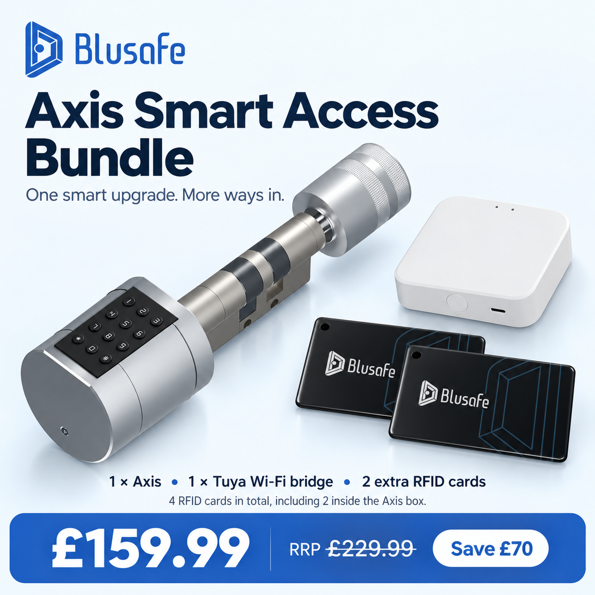 Axis Smart Access Bundle: one Axis smart euro cylinder, one Tuya Wi-Fi bridge and two additional RFID cards; four cards total. £159.99, RRP £229.99.