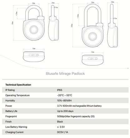 Blusafe Mirage Padlocks Black Long Shackle - Blusafe Fingerprint Padlock, Smart Fingerprint Padlock, Anti-Theft, IP66, 20 Fingerprints, Black/Chrome, Long/Short Shackle, Gyms, Gardens, Schools, Bikes, Gates (Long, Black)