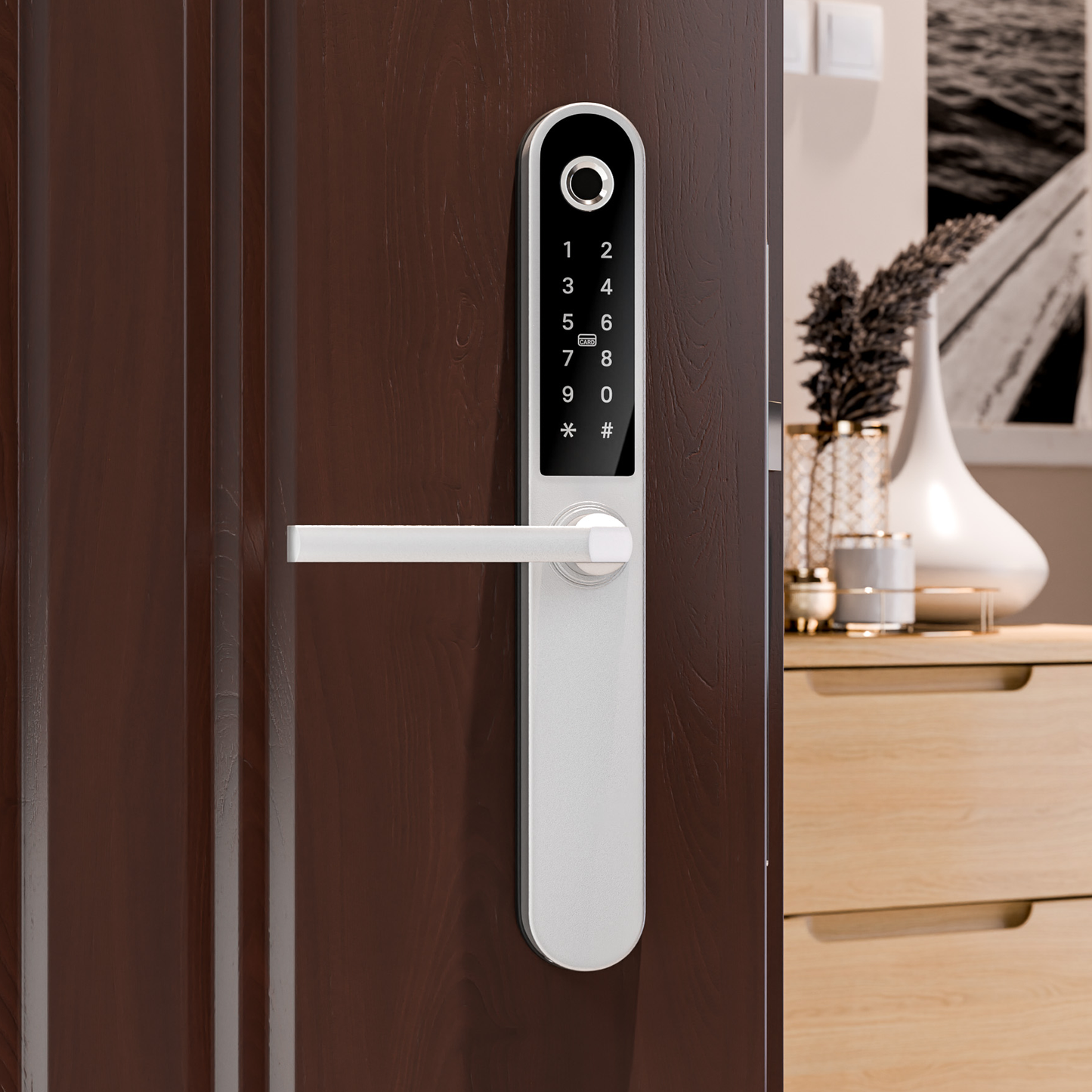 Blusafe Apollo Black - Mâner ușă fără cheie pentru securitatea casei, amprentă digitală, card cheie, tastatură, control aplicație, blocare/deblocare de la distanță