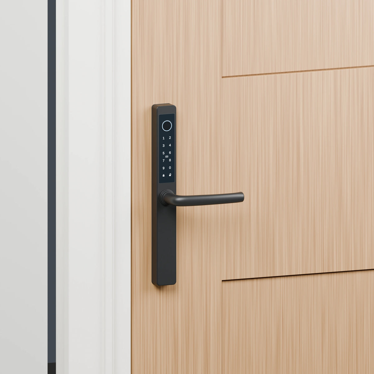 Origin Smart Plus V8 installed on a full timber door in a fitted frame; smart handle sold separately