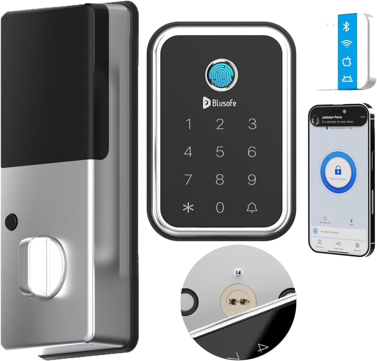 Blusafe Cloud Satin Nickel - Keyless Finger Print Smart Door Lock, Touch Keypad, Pin Code Access Lock, Internal Thumbturn Operation