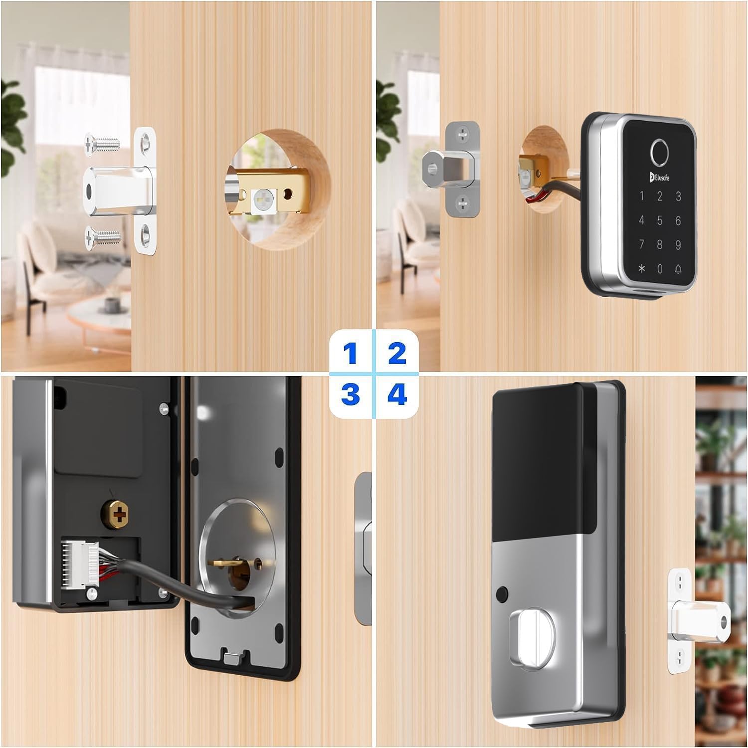 Blusafe Cloud Satin Nickel - Keyless Finger Print Smart Door Lock, Touch Keypad, Pin Code Access Lock, Internal Thumbturn Operation