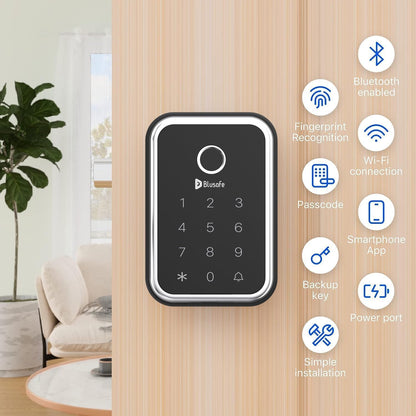 Blusafe Cloud Satin Nickel - Keyless Finger Print Smart Door Lock, Touch Keypad, Pin Code Access Lock, Internal Thumbturn Operation