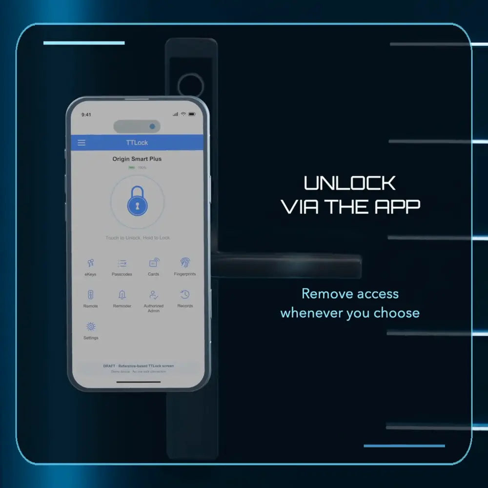 Film frame: the TTLock app on a phone beside the handle